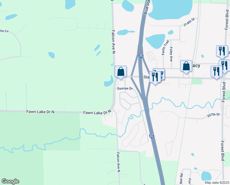 map of restaurants, bars, coffee shops, grocery stores, and more near 5335 Stacy Trail in Stacy