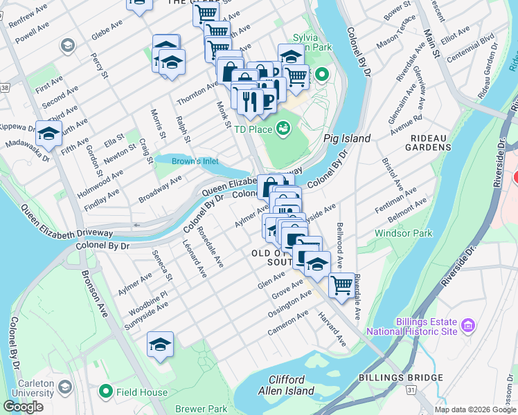 map of restaurants, bars, coffee shops, grocery stores, and more near 1 Galt Street in Ottawa