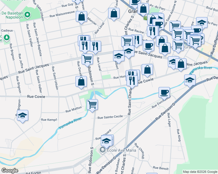 map of restaurants, bars, coffee shops, grocery stores, and more near 477 Rue Cowie in Granby