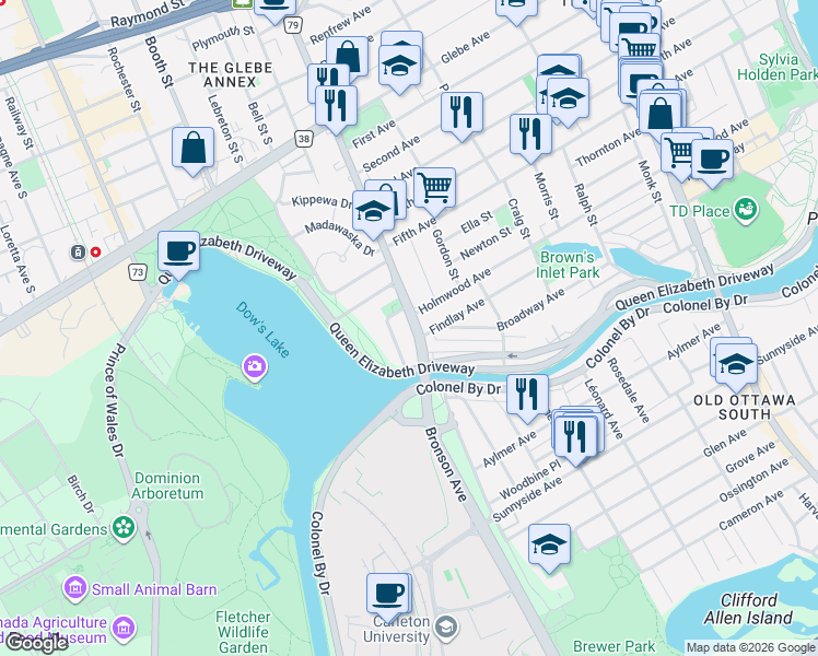 map of restaurants, bars, coffee shops, grocery stores, and more near 994 Bronson Avenue in Ottawa