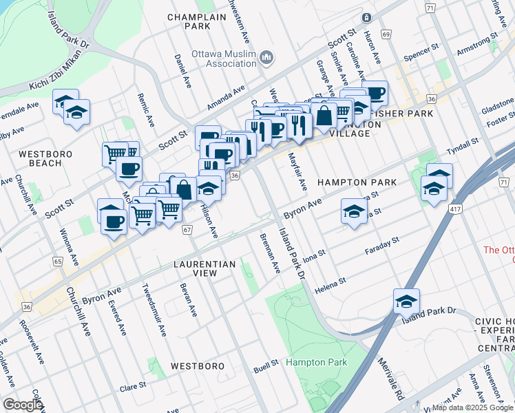 map of restaurants, bars, coffee shops, grocery stores, and more near 393 Leighton Terrace in Ottawa