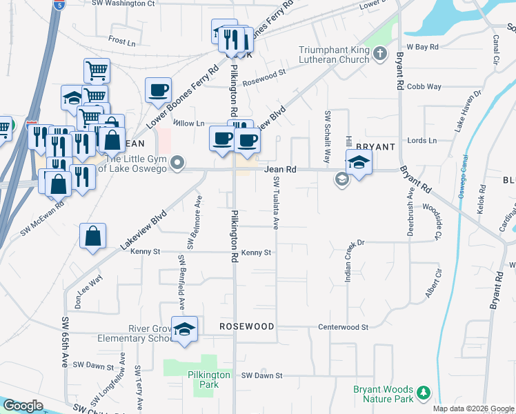 map of restaurants, bars, coffee shops, grocery stores, and more near 17874 Tamara Court in Lake Oswego