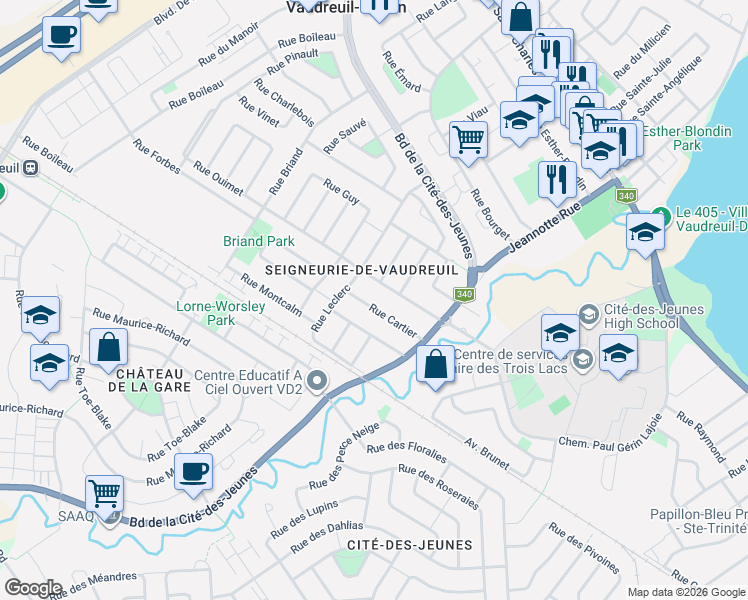 map of restaurants, bars, coffee shops, grocery stores, and more near 97 Rue Cartier in Vaudreuil-Dorion