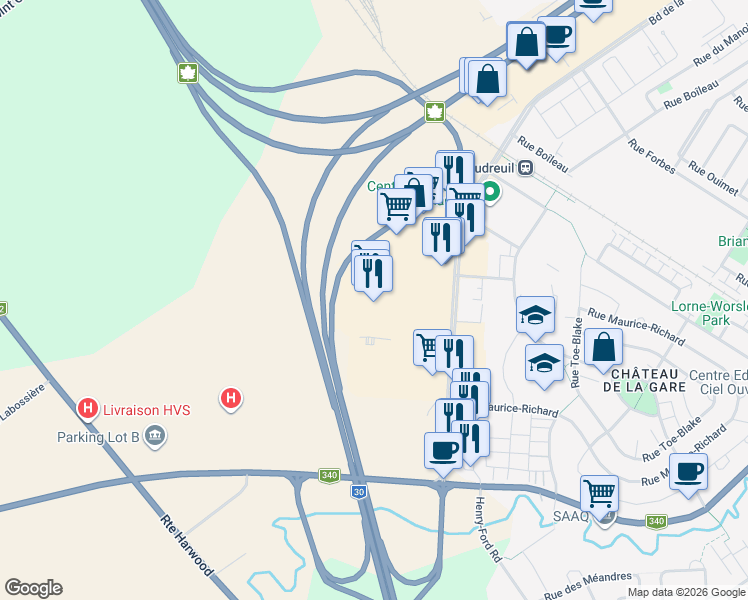 map of restaurants, bars, coffee shops, grocery stores, and more near 3050 Boulevard de la Gare in Vaudreuil-Dorion