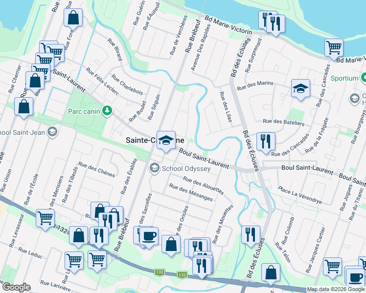 map of restaurants, bars, coffee shops, grocery stores, and more near 4800 Boulevard Saint-Laurent in Sainte-Catherine