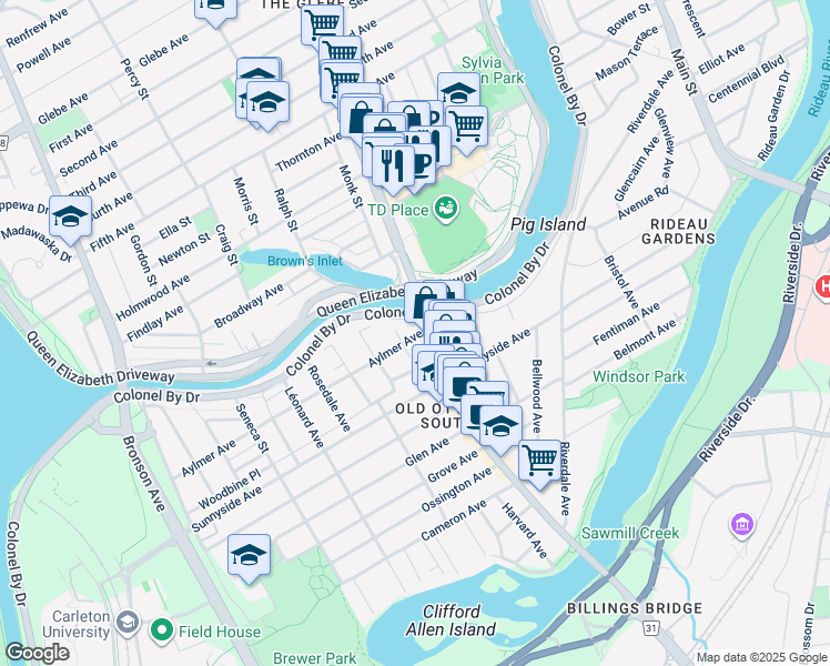 map of restaurants, bars, coffee shops, grocery stores, and more near in Ottawa