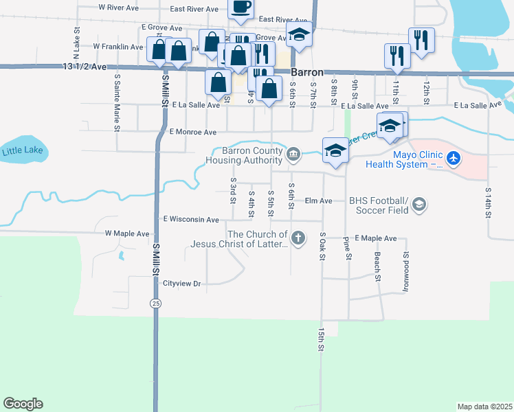 map of restaurants, bars, coffee shops, grocery stores, and more near 430 South 4th Street in Barron