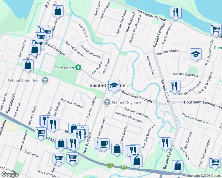 map of restaurants, bars, coffee shops, grocery stores, and more near 4965 Boulevard Saint-Laurent in Sainte-Catherine