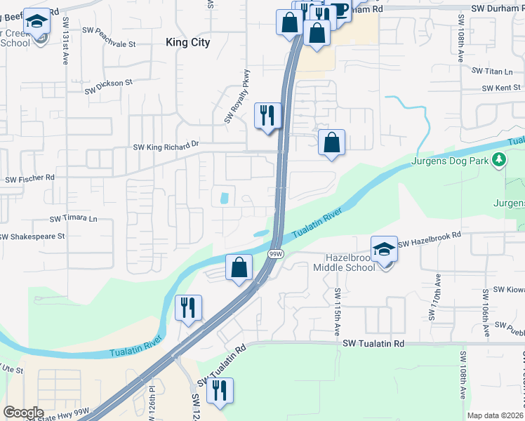 map of restaurants, bars, coffee shops, grocery stores, and more near 17165 Southwest Pacific Highway in King City