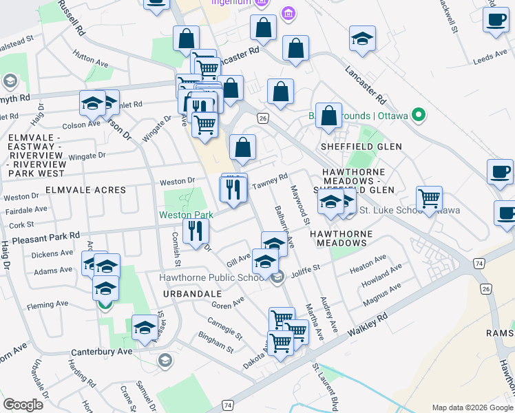 map of restaurants, bars, coffee shops, grocery stores, and more near 2045 Saint Laurent Boulevard in Ottawa