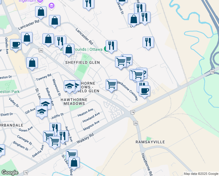 map of restaurants, bars, coffee shops, grocery stores, and more near 2650 Southvale Crescent in Ottawa