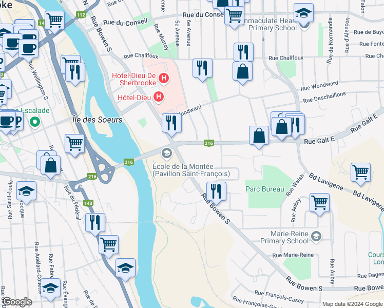 map of restaurants, bars, coffee shops, grocery stores, and more near 360 Rue Galt Est in Sherbrooke