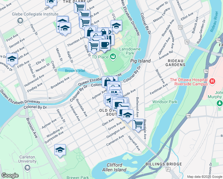 map of restaurants, bars, coffee shops, grocery stores, and more near 1049 Bank Street in Ottawa
