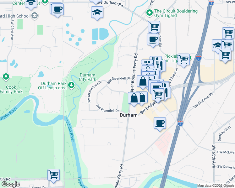 map of restaurants, bars, coffee shops, grocery stores, and more near 17221 Southwest Oakenshield Court in Portland