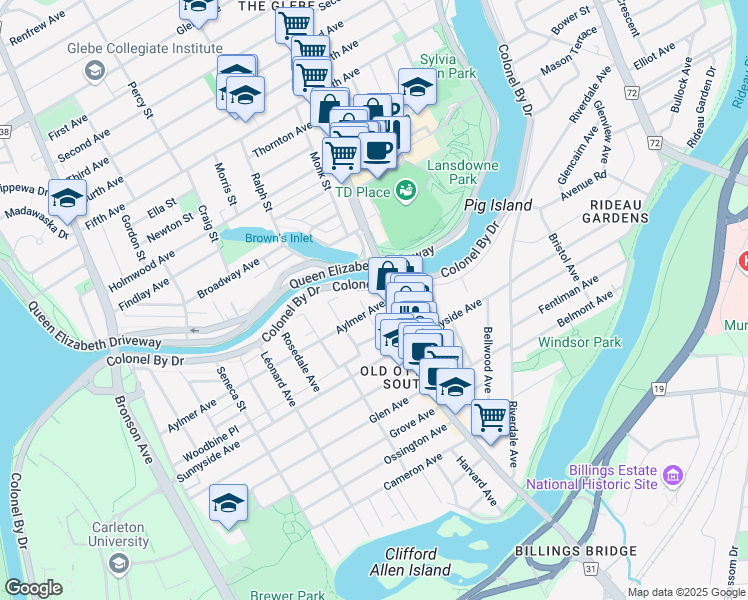 map of restaurants, bars, coffee shops, grocery stores, and more near 1040 Bank Street in Ottawa