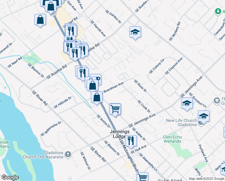 map of restaurants, bars, coffee shops, grocery stores, and more near 4800 Southeast Boardman Avenue in Milwaukie