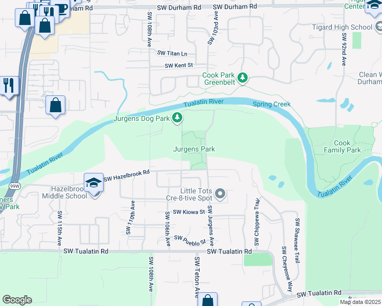 map of restaurants, bars, coffee shops, grocery stores, and more near 17255 Southwest Jurgens Avenue in Tualatin