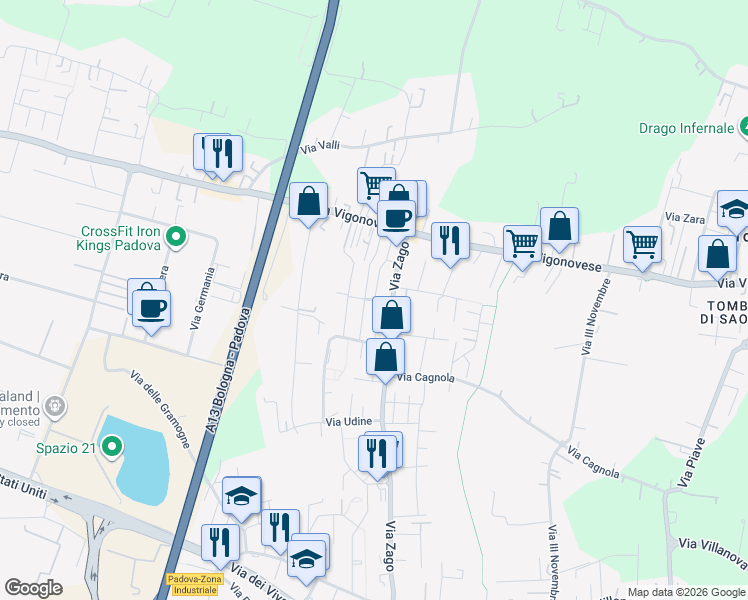 map of restaurants, bars, coffee shops, grocery stores, and more near 83 Via Zago in Villatora