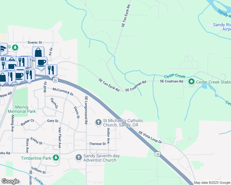 map of restaurants, bars, coffee shops, grocery stores, and more near 17580 Southeast Ten Eyck Road in Sandy