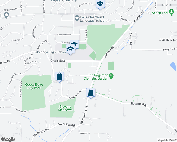 map of restaurants, bars, coffee shops, grocery stores, and more near 17979 Stafford Road in Lake Oswego