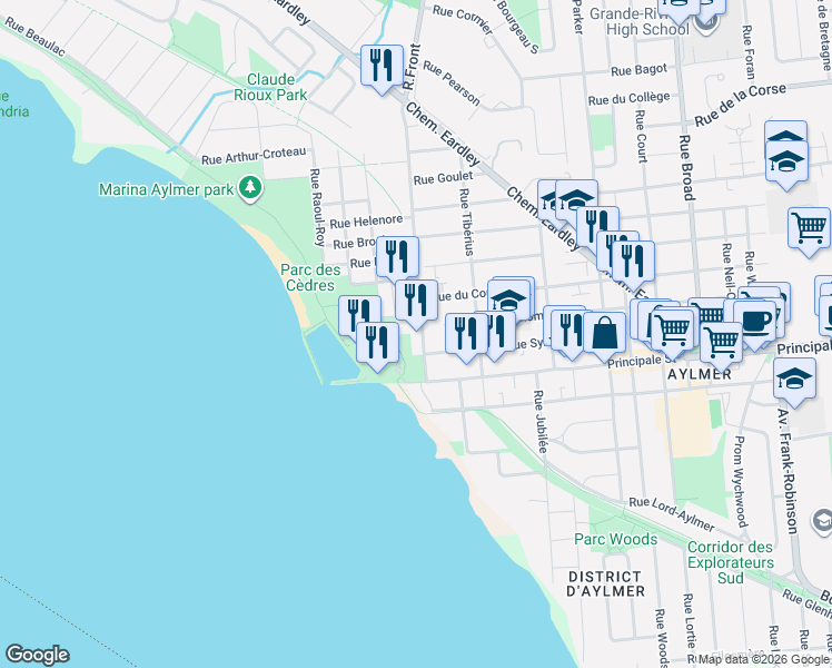 map of restaurants, bars, coffee shops, grocery stores, and more near 11 Rue Front in Gatineau