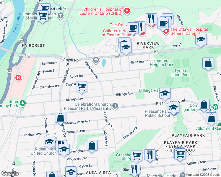 map of restaurants, bars, coffee shops, grocery stores, and more near 1960 Ronald Avenue in Ottawa