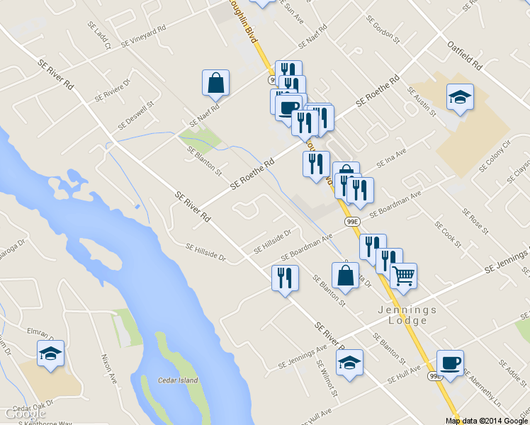 map of restaurants, bars, coffee shops, grocery stores, and more near 17639 Southeast Paradise Drive in Milwaukie
