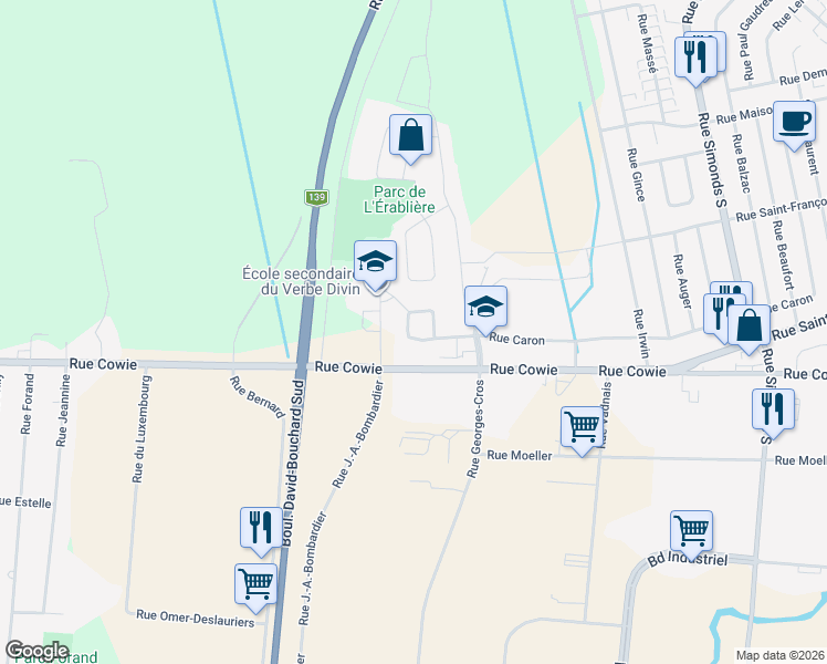 map of restaurants, bars, coffee shops, grocery stores, and more near 1018 Rue Caron in Granby