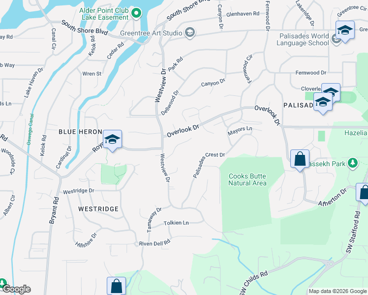 map of restaurants, bars, coffee shops, grocery stores, and more near 2825 Vale Court in Lake Oswego