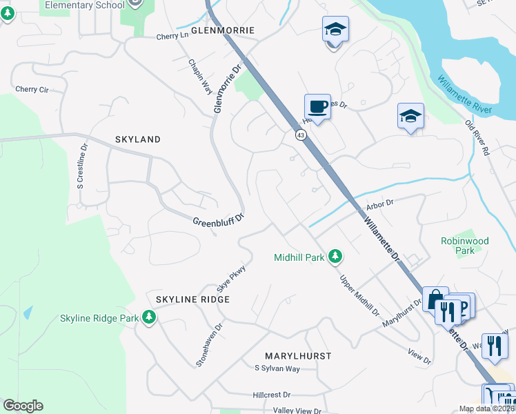 map of restaurants, bars, coffee shops, grocery stores, and more near 17701 Hillside Drive in West Linn