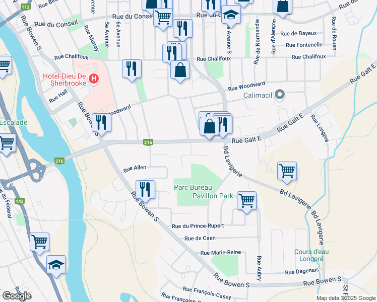 map of restaurants, bars, coffee shops, grocery stores, and more near 875 Rue Des Ormeaux in Sherbrooke