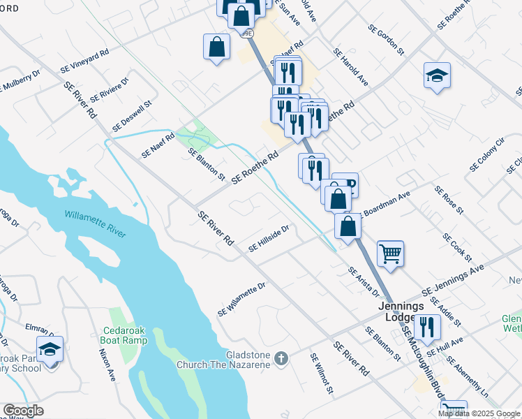 map of restaurants, bars, coffee shops, grocery stores, and more near 17639 Southeast Paradise Drive in Milwaukie