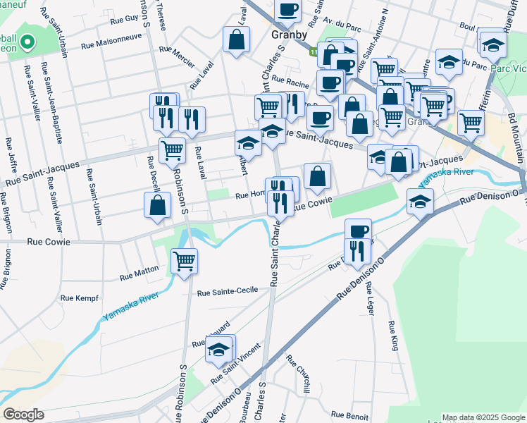 map of restaurants, bars, coffee shops, grocery stores, and more near 423 Rue Cowie in Granby