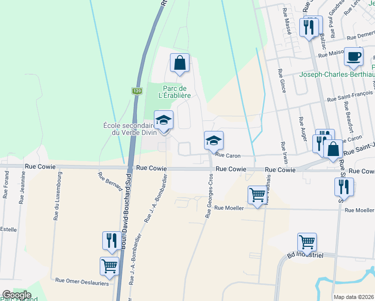 map of restaurants, bars, coffee shops, grocery stores, and more near 1083 Rue Caron in Granby