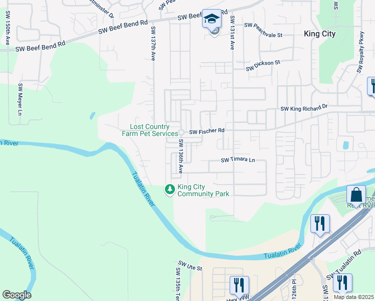 map of restaurants, bars, coffee shops, grocery stores, and more near 17161 Southwest Sonnet Way in King City