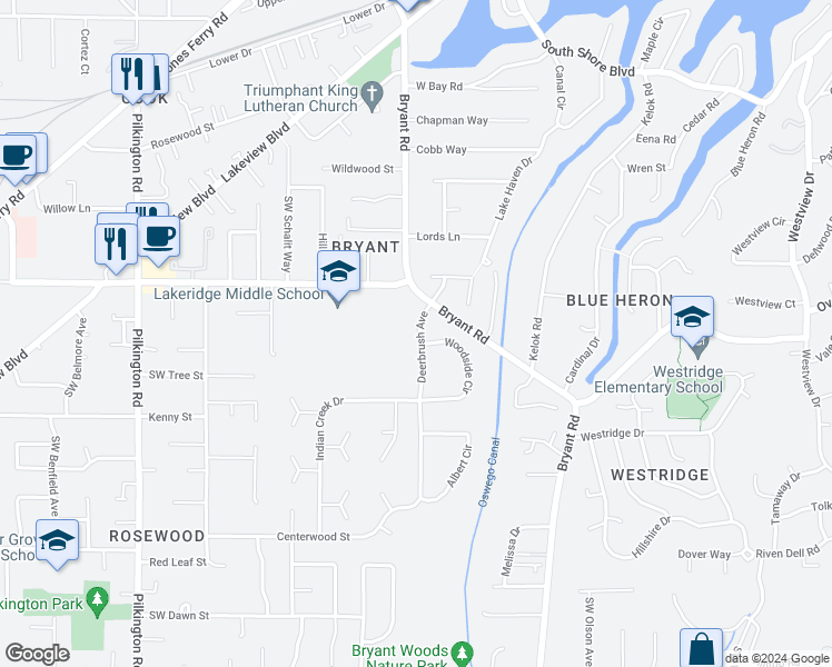 map of restaurants, bars, coffee shops, grocery stores, and more near 18133 Deerbrush Avenue in Lake Oswego
