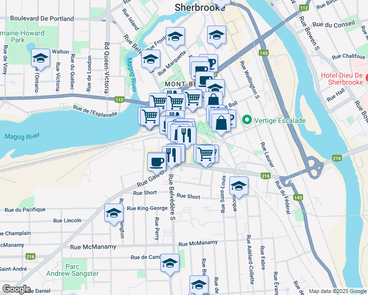 map of restaurants, bars, coffee shops, grocery stores, and more near 580 Rue Belvédère Sud in Sherbrooke