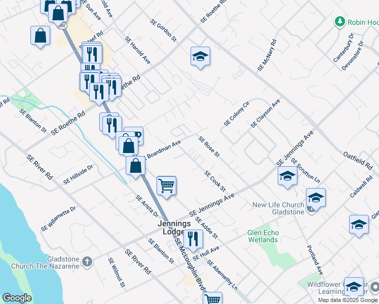 map of restaurants, bars, coffee shops, grocery stores, and more near 17608 Southeast Cook Street in Milwaukie