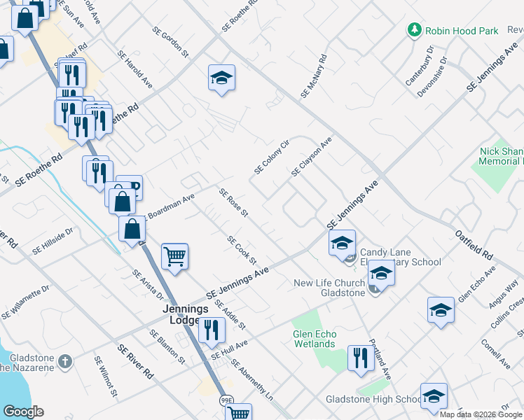 map of restaurants, bars, coffee shops, grocery stores, and more near 5435 Southeast Clayson Avenue in Milwaukie