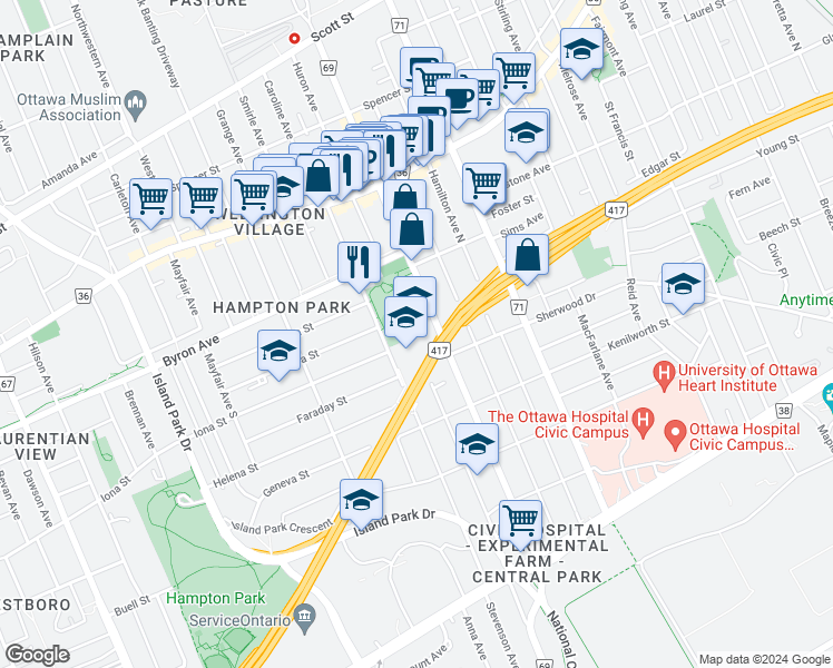 map of restaurants, bars, coffee shops, grocery stores, and more near 250 Holland Avenue in Ottawa