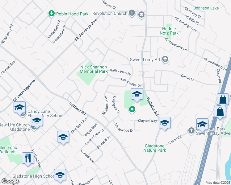 map of restaurants, bars, coffee shops, grocery stores, and more near 18120 Trevor Court in Gladstone