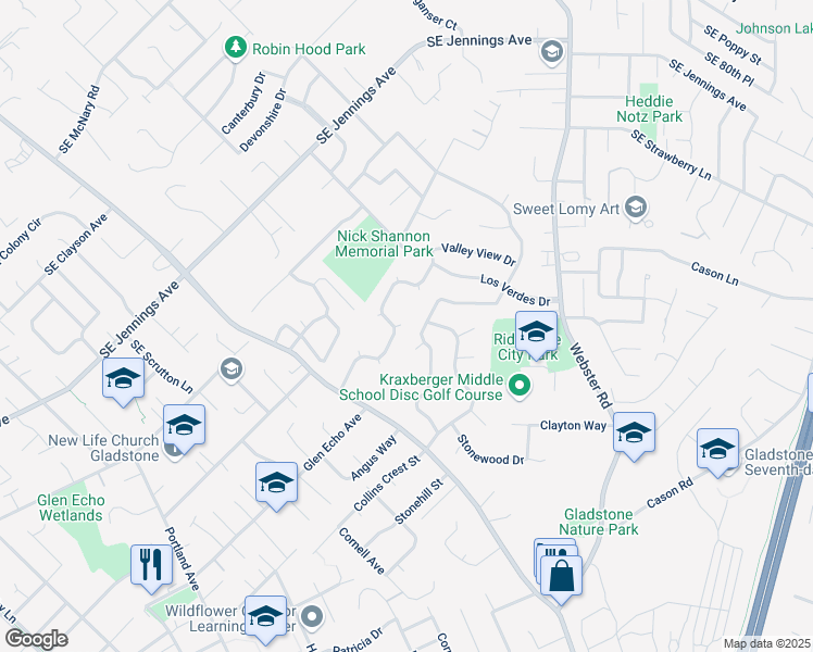 map of restaurants, bars, coffee shops, grocery stores, and more near 6740 Park Way in Gladstone