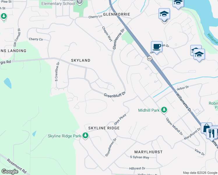 map of restaurants, bars, coffee shops, grocery stores, and more near 1790 Skyland Drive in Lake Oswego