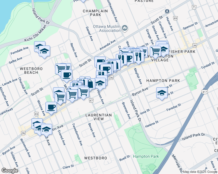 map of restaurants, bars, coffee shops, grocery stores, and more near in Ottawa