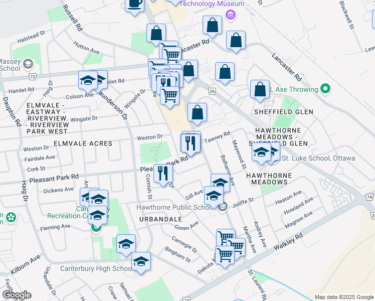 map of restaurants, bars, coffee shops, grocery stores, and more near 2035 Othello Avenue in Ottawa