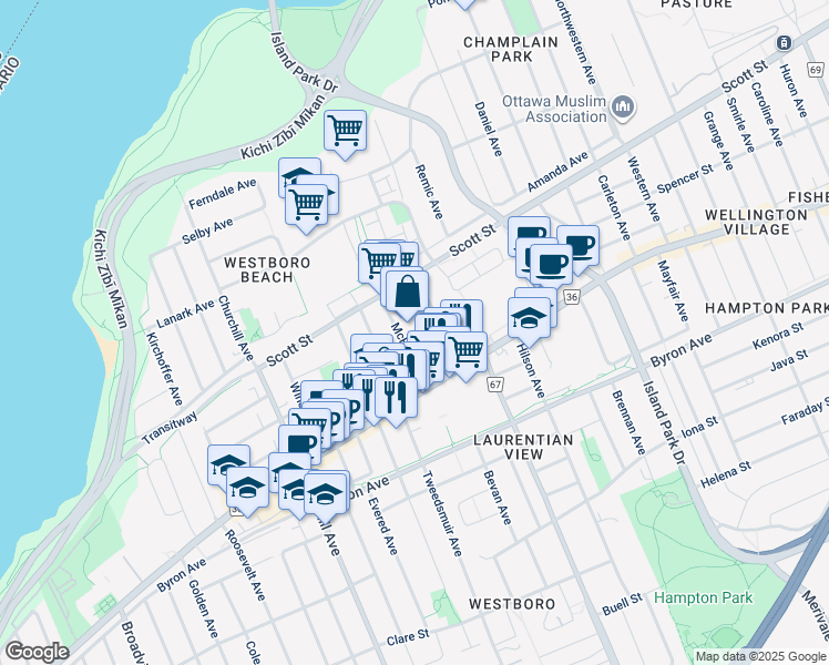 map of restaurants, bars, coffee shops, grocery stores, and more near 1960 Scott Street in Ottawa