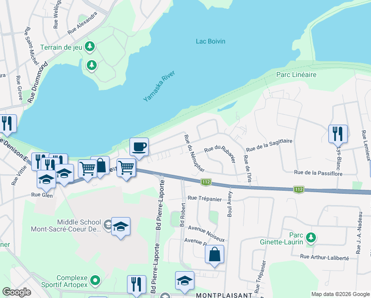 map of restaurants, bars, coffee shops, grocery stores, and more near 444 Rue de l'Iris in Granby