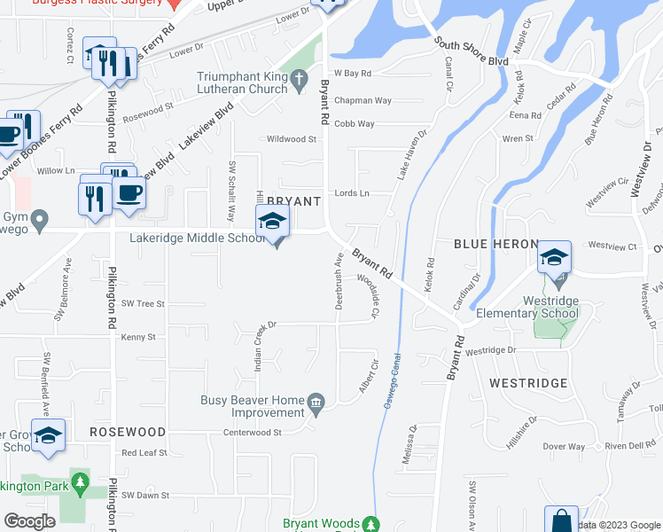 map of restaurants, bars, coffee shops, grocery stores, and more near 18131 Deerbrush Avenue in Lake Oswego