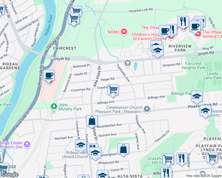 map of restaurants, bars, coffee shops, grocery stores, and more near in Ottawa