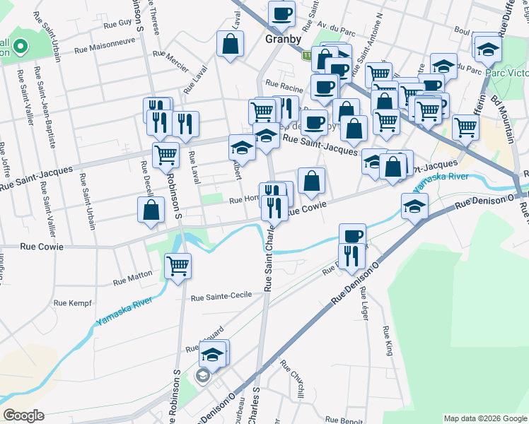 map of restaurants, bars, coffee shops, grocery stores, and more near 415 Rue Cowie in Granby